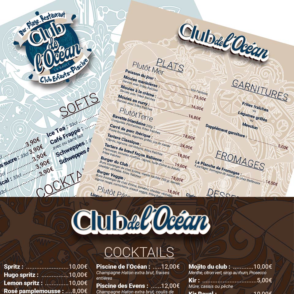 Logo, charte et supports cartes et menus Club de L'Océan